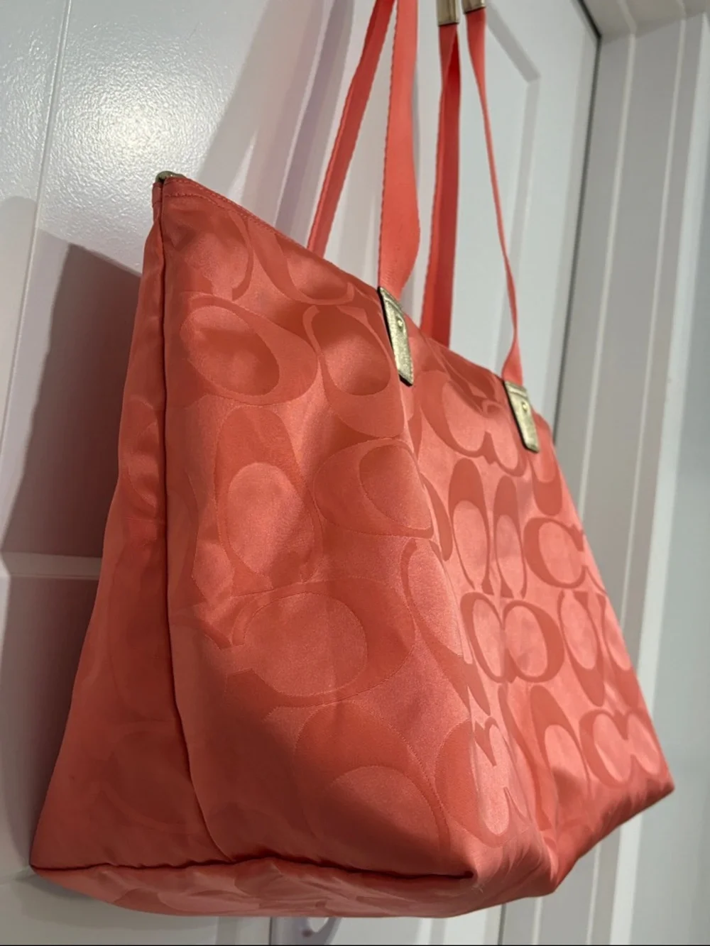 Coach Coral Signature C’s  Jacquard Tote with Gold Hang Tag & Accents - Picture 4 of 11